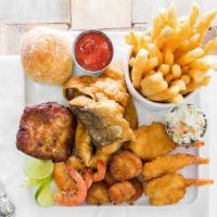 #17 Ultimate Seafood Platter · Includes 3 filet fish (whiting), 3 shrimp, 3 pcs of scallops, 3 spiced shrimp & Lump crab ca...