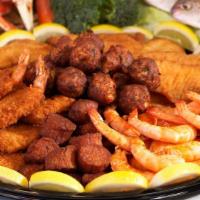 Ultimate Seafood Party Platter · Includes spiced shrimp (1 Ib.), fried shrimp (1 Ib.), fried fish (3 lb.), fried scallops (1 ...