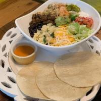 Chicken Only  Fajita Bowl · Chicken + rice +beans +any hot toppings + any cold toppings. Served with 3 flour tortillas s...