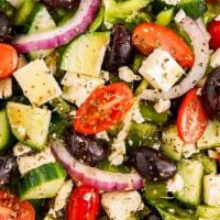 Greek Salad · Spring Mix, cucumber, red onion, feta cheese, cherry tomato, black olive