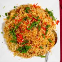 Chicken Biryani · Basmati Rice Cooked with Chicken Mixed with Onion, Cashew Nuts & Raisins, Flavored with Saff...