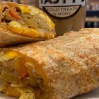 Breakfast Wrap · Scrambled eggs, peppers, mushrooms, caramelized onions, cheddar cheese.