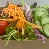 Garden Salad · Mixed Greens, carrots, grape tomatoes, red onions and cucumbers served with your choice of d...