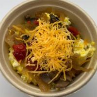 Veggie Bowl · Scrambled eggs, peppers, onions, mushrooms, cheddar cheese blend.