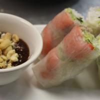 Summer Rolls (2) · Shrimp, rice vermicelli, lettuce and wrapped in rice paper. Served with peanut sauce.