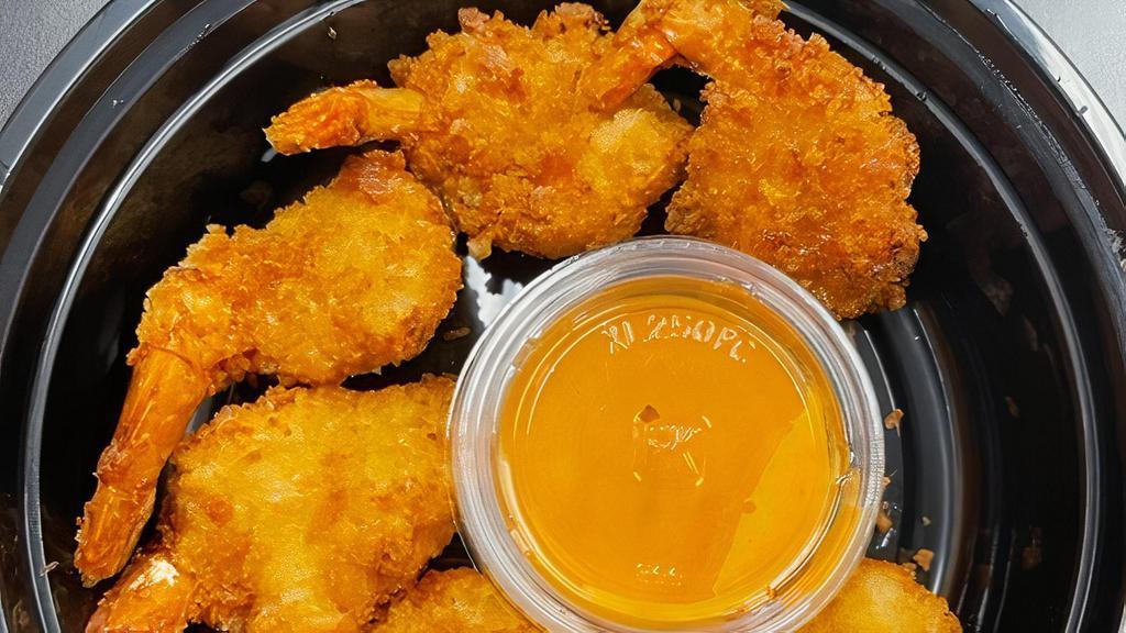 6 Pc. Breaded Shrimp · 6 Panko coated Butterfly shrimp served with a sweet and spicy Sriracha Mayo dipping sauce.