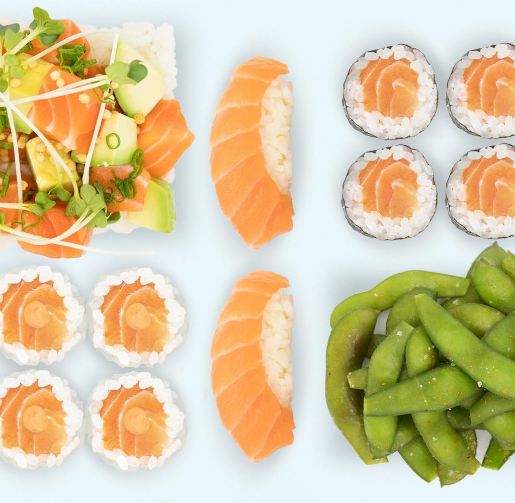Eat Your Salmon · Edamame, salmon roll, salmon sushi, (2 pieces), spicy salmon roll salmon, rice, avocado.