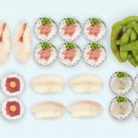 Eat Your Fancy Fish · Edamame, albacore sushi (2 pieces), salmon sushi (2 pieces), yellowtail sushi (2 pieces), sc...