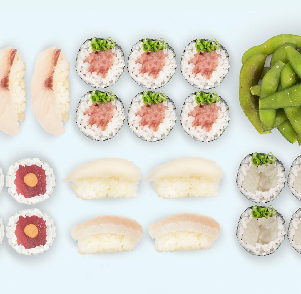 Eat Your Fancy Fish · Edamame, albacore sushi (2 pieces), salmon sushi (2 pieces), yellowtail sushi (2 pieces), scallop sushi (2 pieces), spicy tuna roll, yellowtail scallion roll, toro scallion roll.