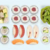 Eat Your Fish · Edamame, salmon sushi (2 pieces), yellowtail sushi (2 pieces), tuna roll, tuna sushi (2 piec...