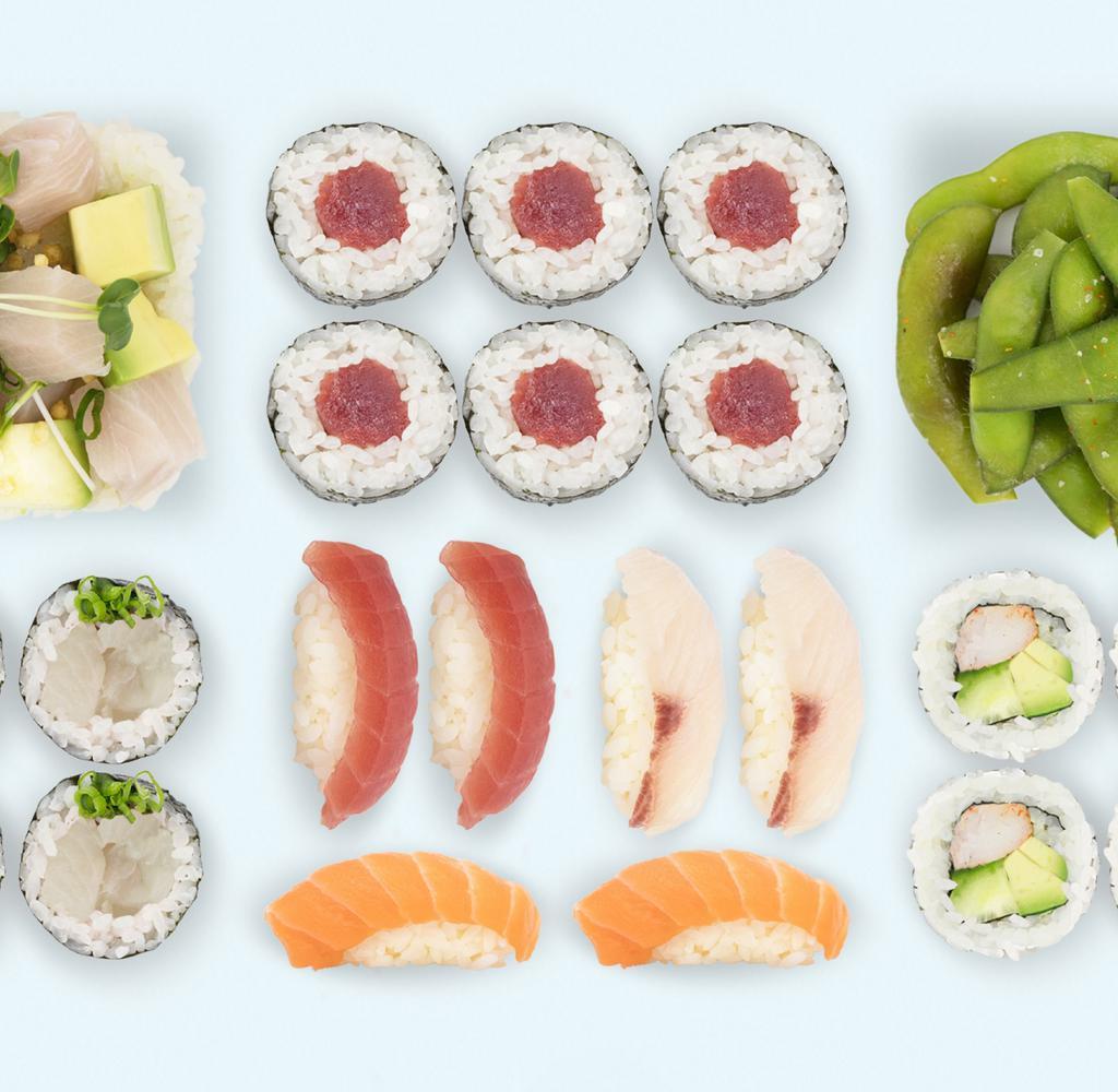 Eat Your Fish · Edamame, salmon sushi (2 pieces), yellowtail sushi (2 pieces), tuna roll, tuna sushi (2 pieces), yellowtail scallion roll, shrimp California roll, yellowtail, rice avocado.