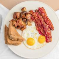 Three Egg Breakfast · Three Eggs (any style), hash browns or tater tots, four pieces of meat and choice of toast.
