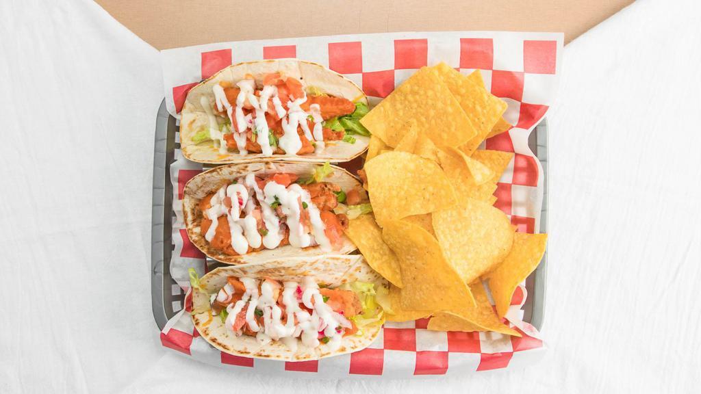 Buffalo Chx Tacos · crispy buffalo chicken, shredded lettuce, pico de Gallo, melted cheese  drizzled with ranch.