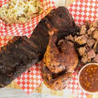 Big Herd Pack · Whole Rack of Ribs & 1/2 Chicken. Choice of (3) 8 oz meat: Pork, Brisket, or 1/2 chicken. Ch...