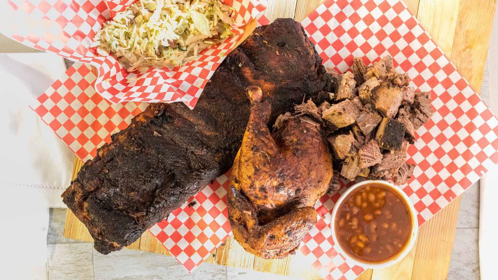 Big Herd Pack · Whole Rack of Ribs & 1/2 Chicken. Choice of (3) 8 oz meat: Pork, Brisket, or 1/2 chicken. Choice of (3) 16oz sides: Cole Slaw, Baked Beans, Potato Salad.