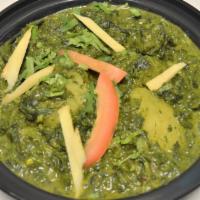 Aloo Palak & Rice · Vegetarian. Spinach cooked with potatoes, garlic, ginger, onions, turmeric, cumin seeds and ...