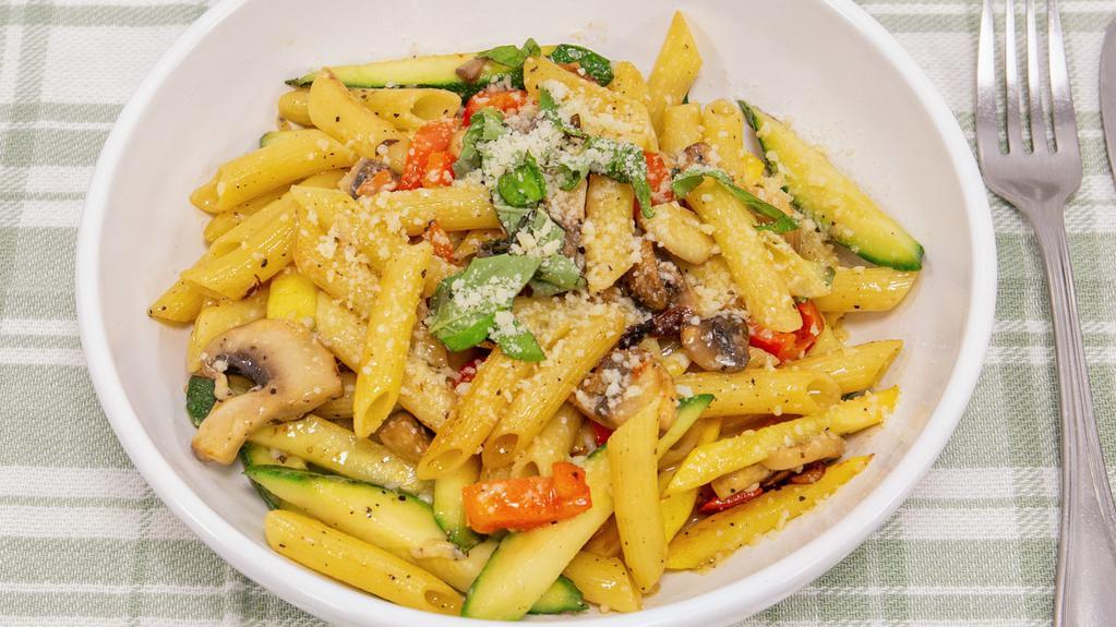 Penne Primavera Pasta · Sautee  mushrooms, squash, zucchini and bell peppers in white wine and butter sauce.