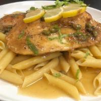 Chicken Piccata · Chicken breast in a white wine, lemon, butter, and capers sauce.