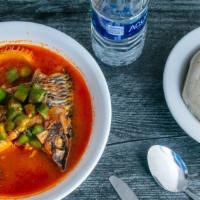 Banku & Light Soup  · Banku with a bowl of light soup and protein of choice (Goat Meat , Fried croaker fish, Tilap...