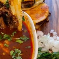 Birria Tacos  · Beef Brisket and short ribs huajillo and chipotle base stew. Slow cooked untill the beef is ...