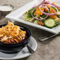 Chili & Side Salad · Bowl of chili with a caesar or house salad.
