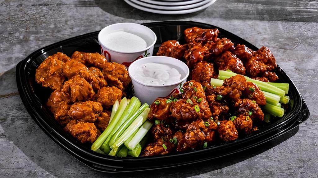 Boneless Wings (66Ct) · Served with fresh celery and choice of ranch or bleu cheese on the side. Choose up to three flavors. Serves 12. 6150-8120 cal.