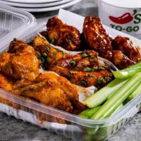 Bone-In Wings (24Ct) · Served with fresh celery and choice of ranch or bleu cheese on the side. Choose up to three ...