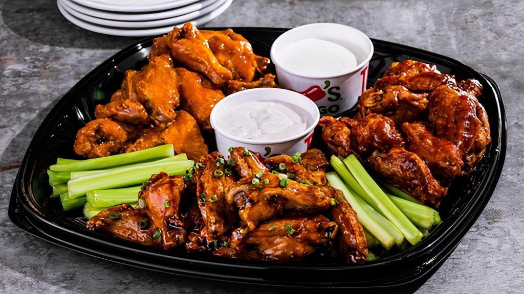 Bone-In Wings (48Ct) · Served with fresh celery and choice of ranch or bleu cheese on the side. Choose up to three flavors. Serves 12. 5080-6920 cal.