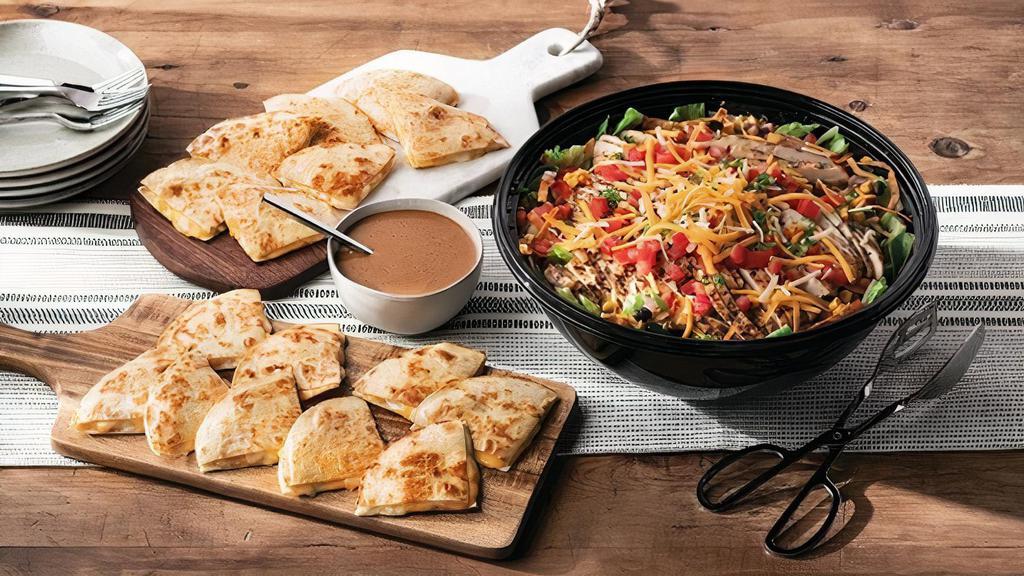 Quesadilla Explosion Salad™ · Grilled chicken, cheese, tomatoes, corn, and black bean salsa, tortilla strips with citrus-balsamic dressing. Served with cheese quesadillas. 5590 cal.