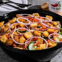 House Salad · Tomatoes, red onions, cucumbers, shredded cheese, and garlic croutons, with your choice of d...