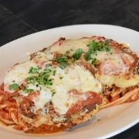 Chicken Parmesan · romano-crusted chicken, pan-seared and topped with melted mozzarella over linguini with hous...