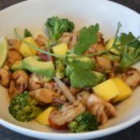 Chicken & Shrimp Rice Bowl · stir fried veggies tossed in a soy-ginger-garlic sauce over rice with mushrooms, mango, avoc...