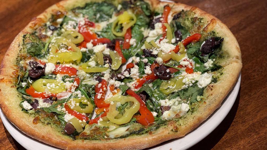 The Mediterranean · herb pesto, spinach, feta, roasted red peppers, kalamata olives, banana peppers and mozzarella cheese.