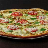 Pesto Pizza · Fresh Mozzarella, Grape Tomatoes, Pesto Sauce