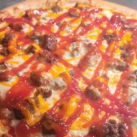 American Cheeseburger Pizza · Mozzarella cheese, American cheese, Cheddar cheese, Beef, Onion, Ketchup