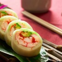 Naruto Appetizer · Thinly sliced cucumber rolled with avocado, tobiko and spicy mayo.