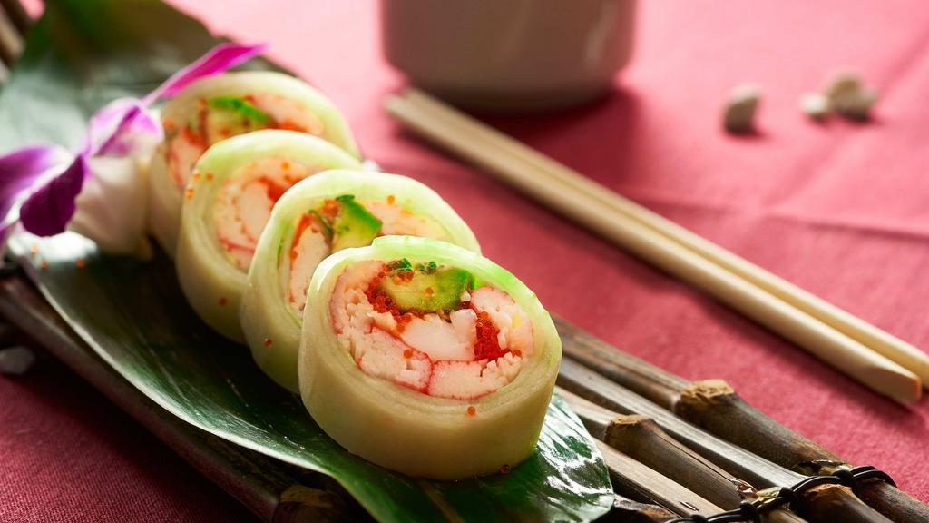 Naruto Appetizer · Thinly sliced cucumber rolled with avocado, tobiko and spicy mayo.
