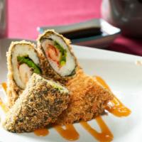 Lobster Tempura · Lobster meat and snow pea maki deep-fried in bread crumb batter and served with orange mayo.