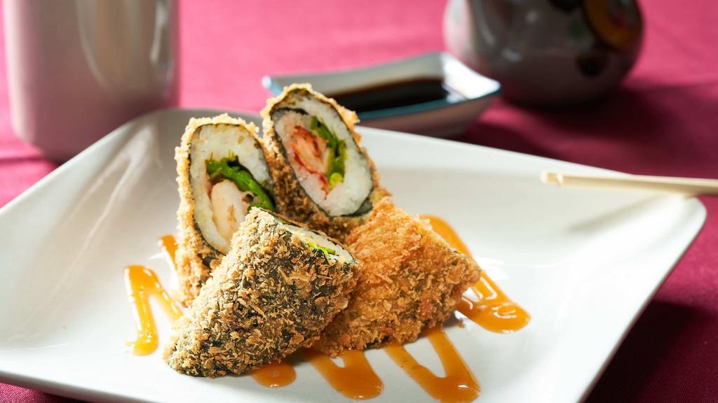 Lobster Tempura · Lobster meat and snow pea maki deep-fried in bread crumb batter and served with orange mayo.