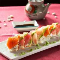 Rainbow Maki · inside shrimp, crab stick, tobiko, and spicy mayo, outside tuna, salmon, white fish and avoc...