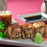 Crunchy Maki · Inside sauteed tuna, scallop, onion, and avocado; brown sushi rice and garlic; pan-seared.