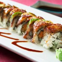 Dragon Maki · Inside sweet potato tempura, outside eel, avocado and eel sauce.
