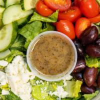 Greek Salad · Vegetarian. Romaine, english cucumber, tomato, feta, kalamata olives, and oregano vinaigrett...