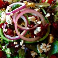 Salad Royal · Mix greens, tomatoes, sweet red onions, fresh peppers, dried cranberries, roasted walnuts an...