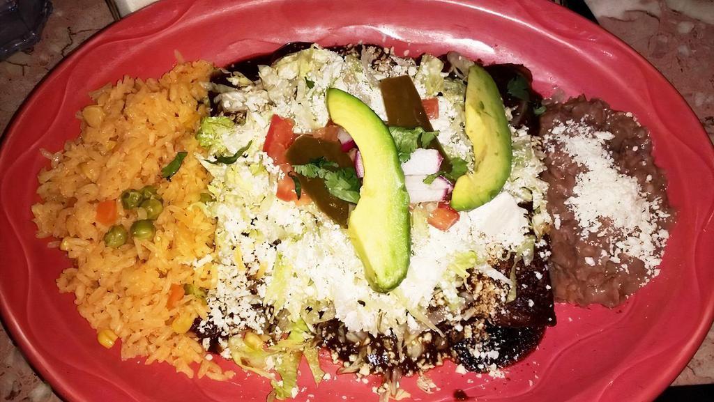 Enchiladas Poblanas · Soft rolled corn tortillas simmered in mole sauce, stuffed with your choice of chicken, carnitas or chorizo. Topped with queso fresco, lettuce, avocado, radishes, onions, cilantro, queso fresco rice, and beans.