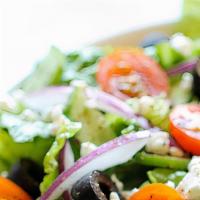 Greek Salad · Fresh mixed greens tomatoes red onions cucumbers kamalata olives and feta cheese.