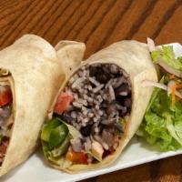 Burrito · Flour  tortilla wrap with chicken or steak, rice , black bean,avocado, onion and cilantro se...