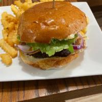 La Rock Big Burger · Sirloin/ Chicken ground burger served with tomato,lettuce,spice pickles, cheese and French f...
