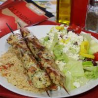Chicken Skewers · Served with rice, salad, and hot side dish.