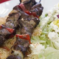 Beef Skewers · Served with rice, salad, and hot side dish.